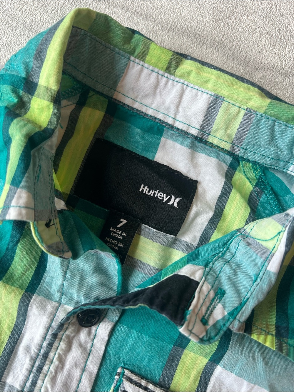 Hurley‎ Boys Teal and Lime Plaid Button Shirt - Picture 3 of 3